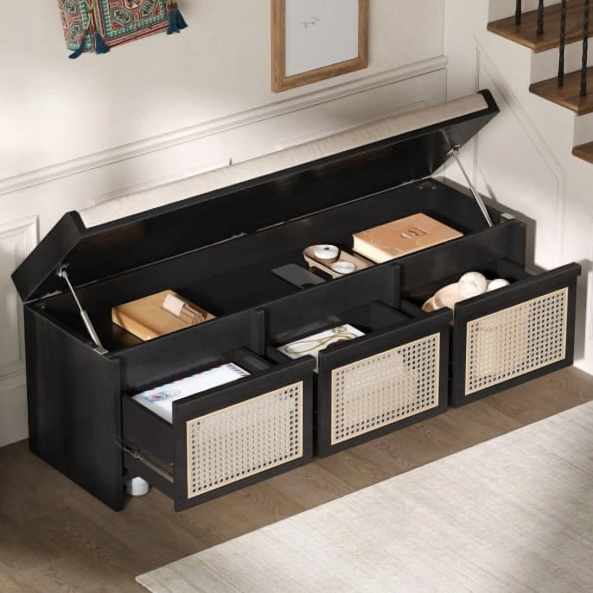 48" Retro Entryway Shoe Storage Bench with Rattan Drawers & Removable Button-Tufted Cushion, Black