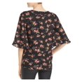 thumbnail image 2 of LE GALI Womens Black Ruffled  Tie Front Tie Front Floral Kimono Sleeve Jewel Neck Blouse XS, 2 of 2
