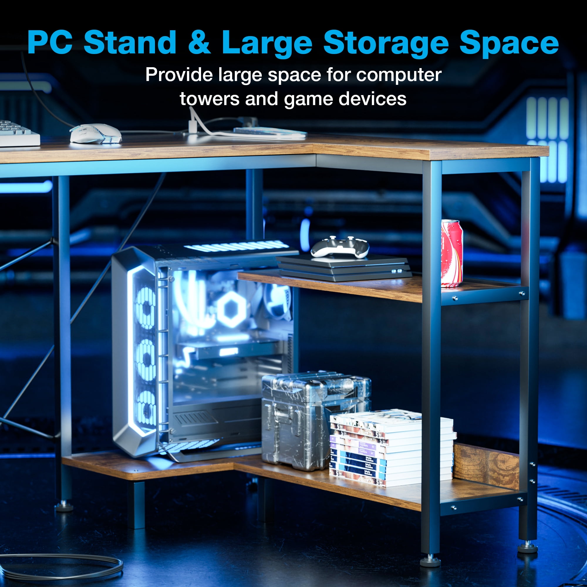 Casacomoda 48 Inch L Shaped Computer Desk with Power Outlet & Storage Shelves, Corner Desk with CPU Stand and Side Storage Bag, Home Office Desk, Vintage