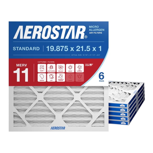 Aerostar 19.875x21.5x1 MERV 11 Air Filter, 6 Ct, ACTUAL SIZE (19.875 x 21.50 x 0.75), HVAC, Air Conditioning & Furnace Filter for Dust, Pet Dander, S