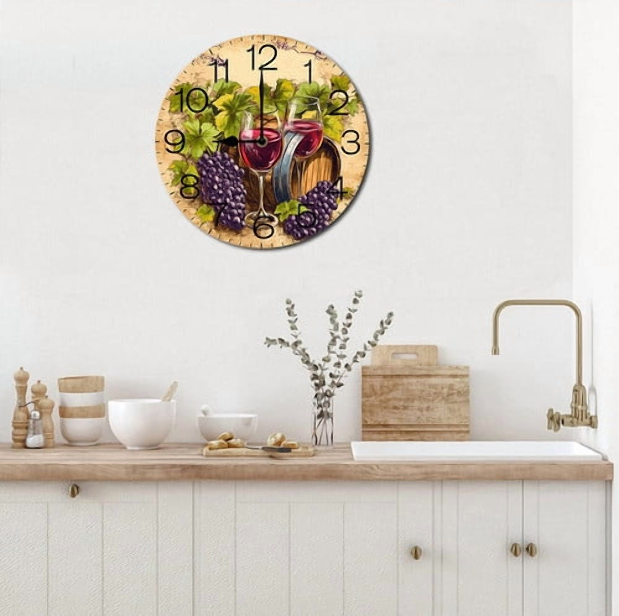 Eveokoki Wall Clock Wine Grape Wood Battery Operated Silent Non-Ticking Clock Decorative for Home Kitchen Living Room Office Bathroom Bedroom 10 Inch