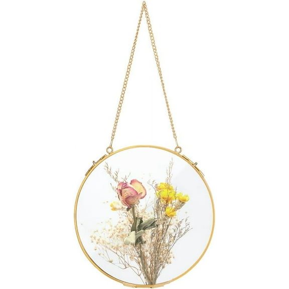 1Pcs 7.8 Inches Hanging Glass Floating Photo Frame Pressed Flowers Frames Round Wall Hanging Metal Frame for Dried Flowers Pictures Photos Double Glass Herbarium Gold Golden