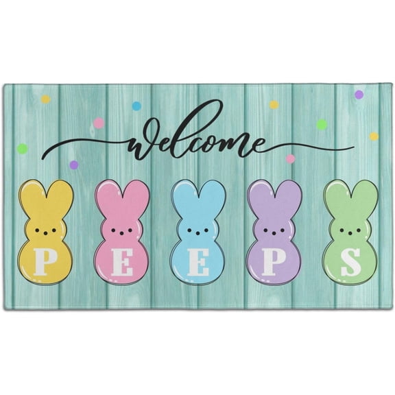 Easter Door Mat Outdoor, Easter Decorations for Home Non-Slip Welcome Peeps Doormat Low Profile Bunny Rug Welcome Mat Indoor Outdoor Easter Decor 17 x 30 Inch