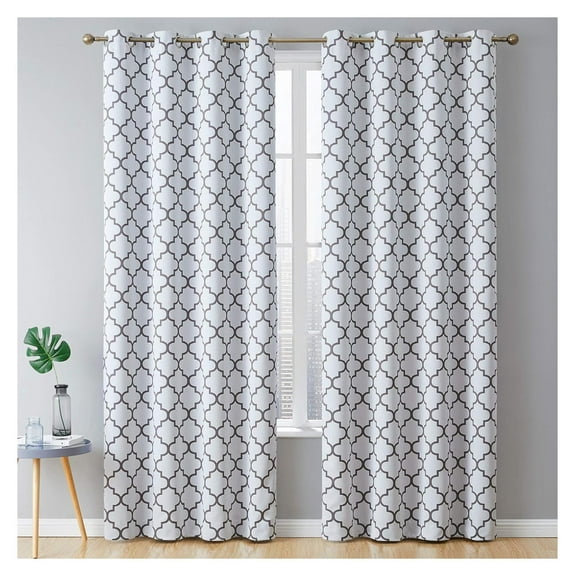 Drevy Lattice Print Moroccan Thermal Blackout Curtains 84 Inch - Privacy Shaded & Darkening Grommet Window Curtains Draperies for Bedroom and Living Room, White & Grey, 52 W x 84 L, 2 Panels