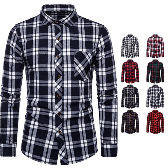 HCYSFG Mens Big And Tall Plaid Shirt Button Front Notch Neck Long Sleeve Chest Pocket Relaxed Fit Casual Layering Top Flannel Tees