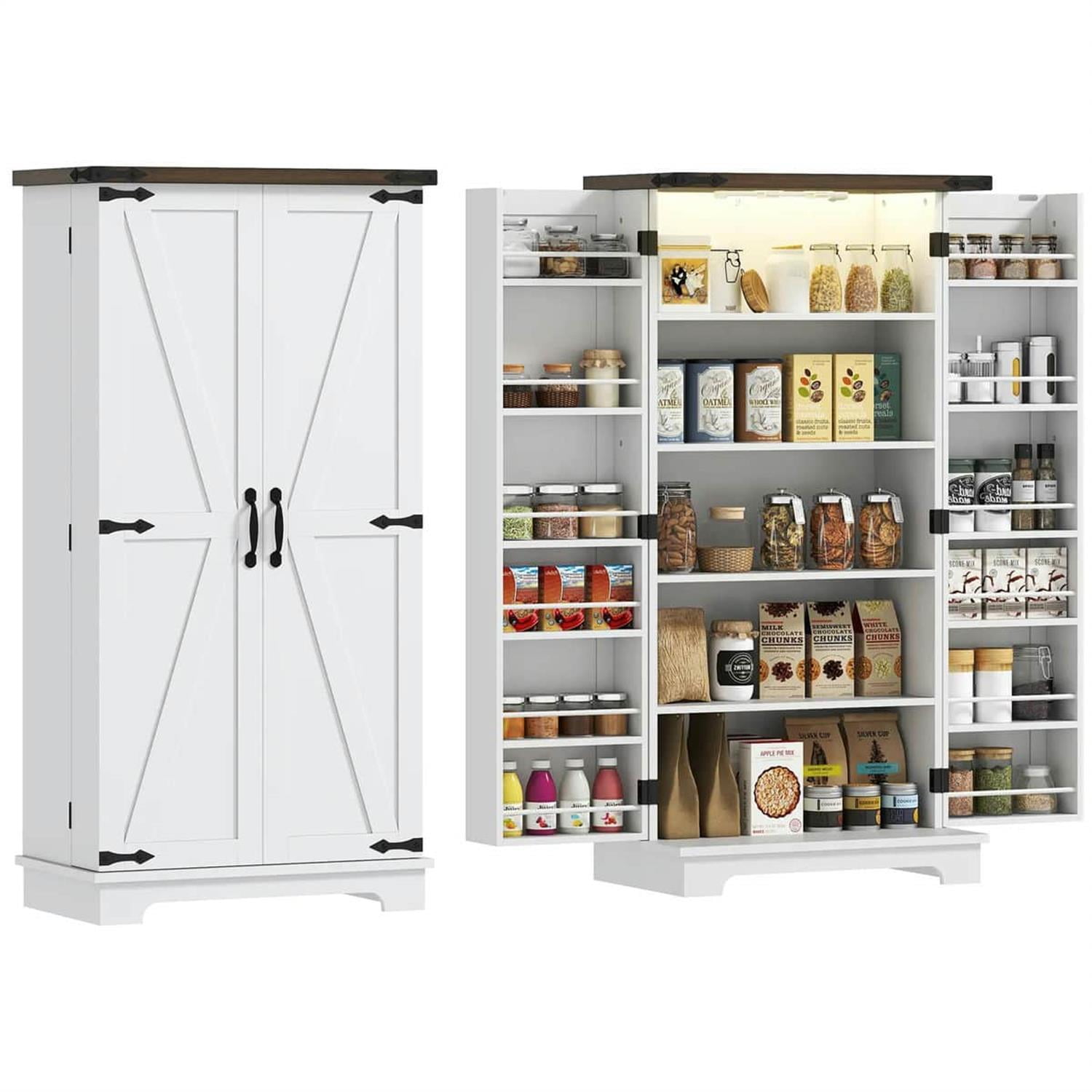 Demi Bonn 47" LED-Lit Kitchen Pantry Cabinet with Sliding Doors, Adjustable Shelves for Modern Kitchens, White