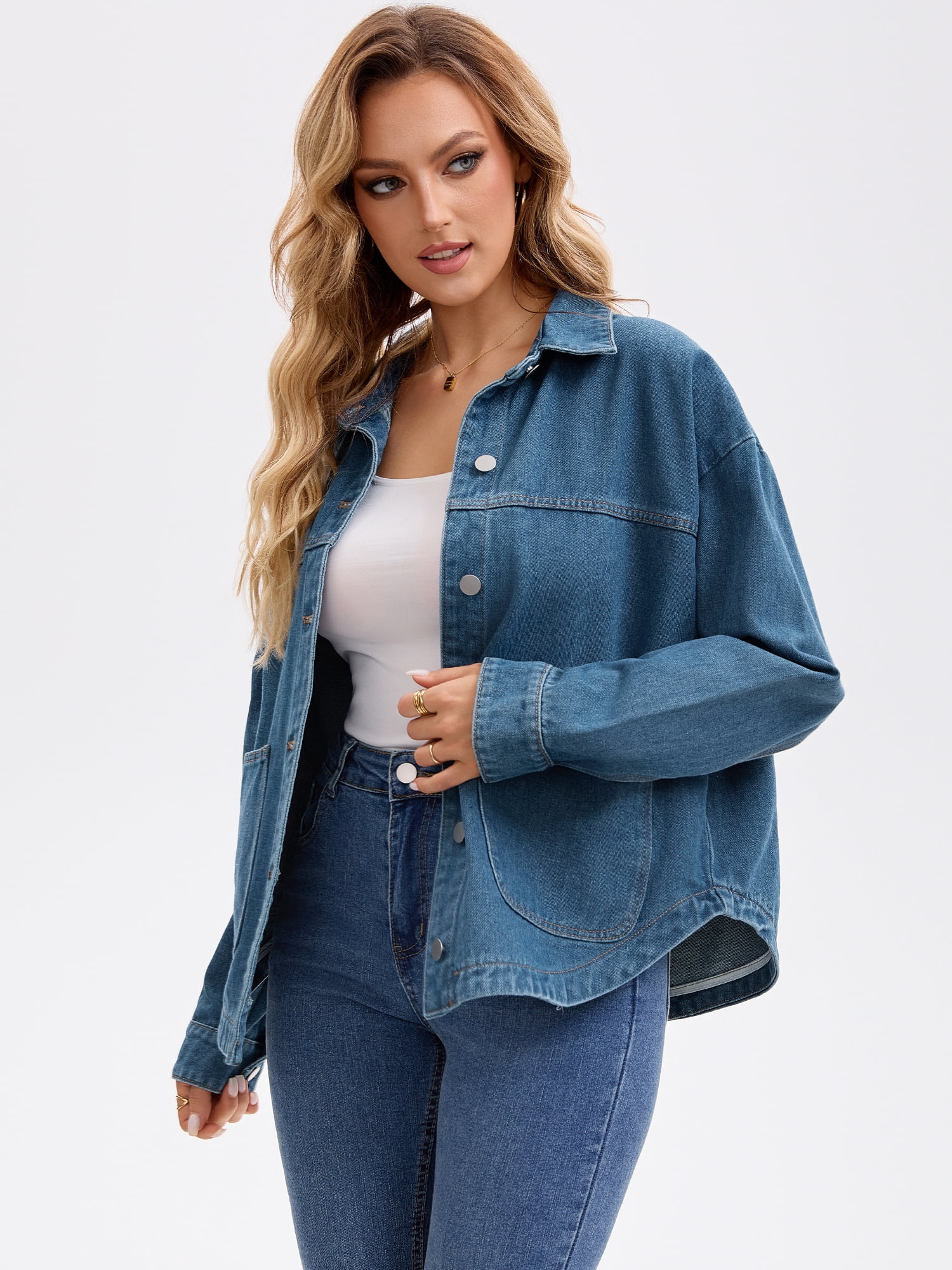 DARING DIVA Women's Long Sleeve Button Down Pockets Western Denim Jacket 2XL Dark Blue