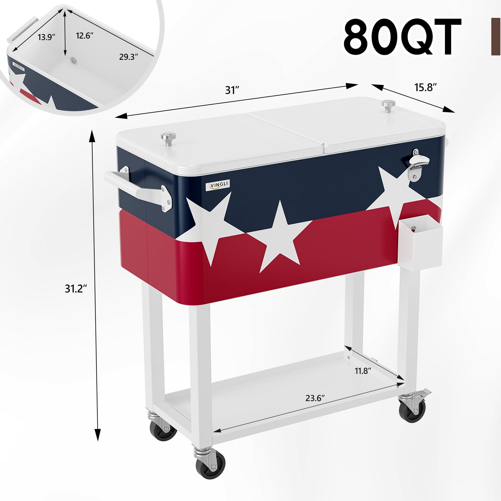 Ktaxon 80 Qt Rolling Ice Chest Cooler Cart Outdoor Trolley with Storage Shelf, Bottle Opener & Cap Collector for 48 Hour Cold Drinks, Large Five-pointed Star
