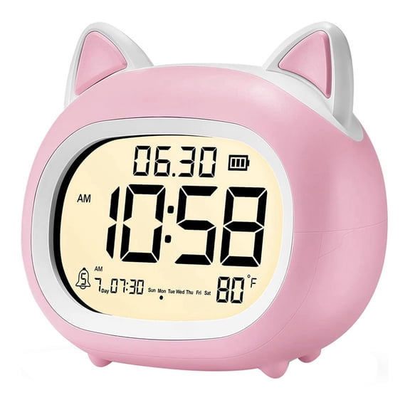 Plastic Pink Cat Alarm Clock with Night Light for Kids, Digital Bedroom Clock