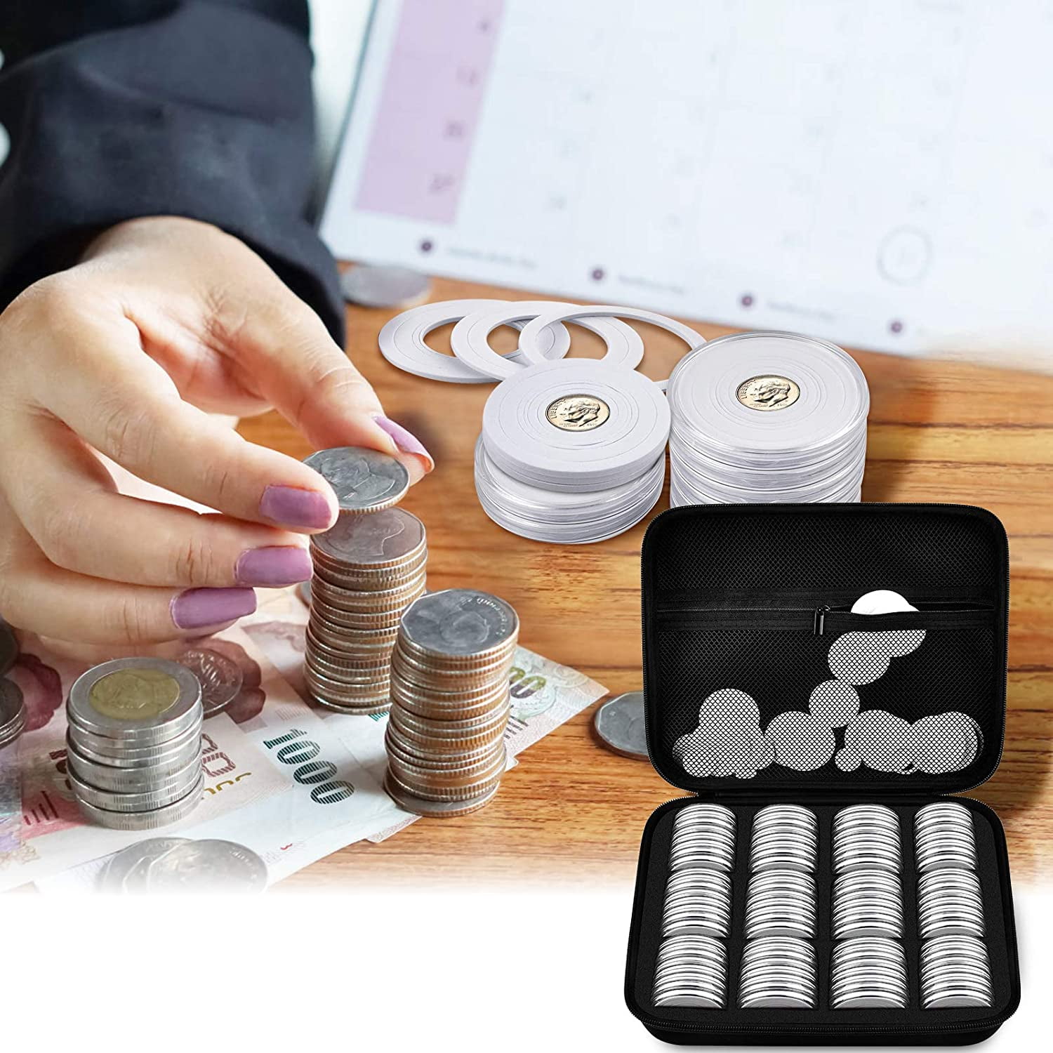 6 Sizes 96 Pieces 46mm Coin Capsules with Foam Gasket and Plastic Storage Organizer Box Coins Collector Case Holder for Coin Collection Supplies 20/25/27/30/38/46mm 