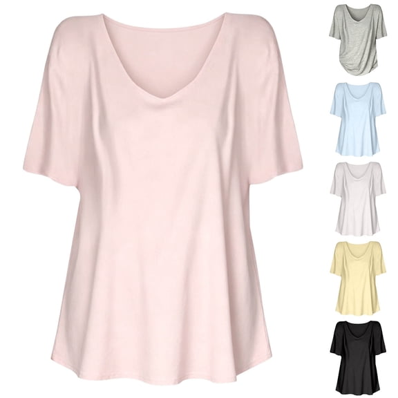 HuangHuanChen Women's Short Sleeve T Shirt V Neck Oversized Tshirt for Women Casual Loose Fit Basic Tee Solid Color Tshirt Shirt Pink M