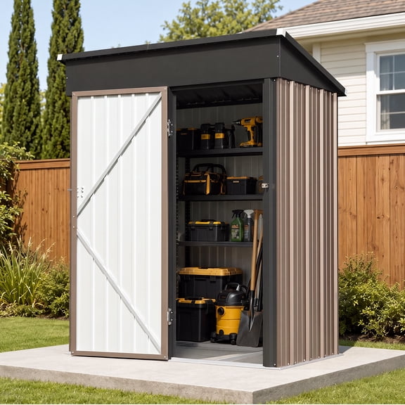 Aoxun 5x3 FT Outdoor Storage Shed with Sloping Roof, Tool Shed with Lockable Door, Metal Shed for Backyard Garden Patio Lawn, Brown