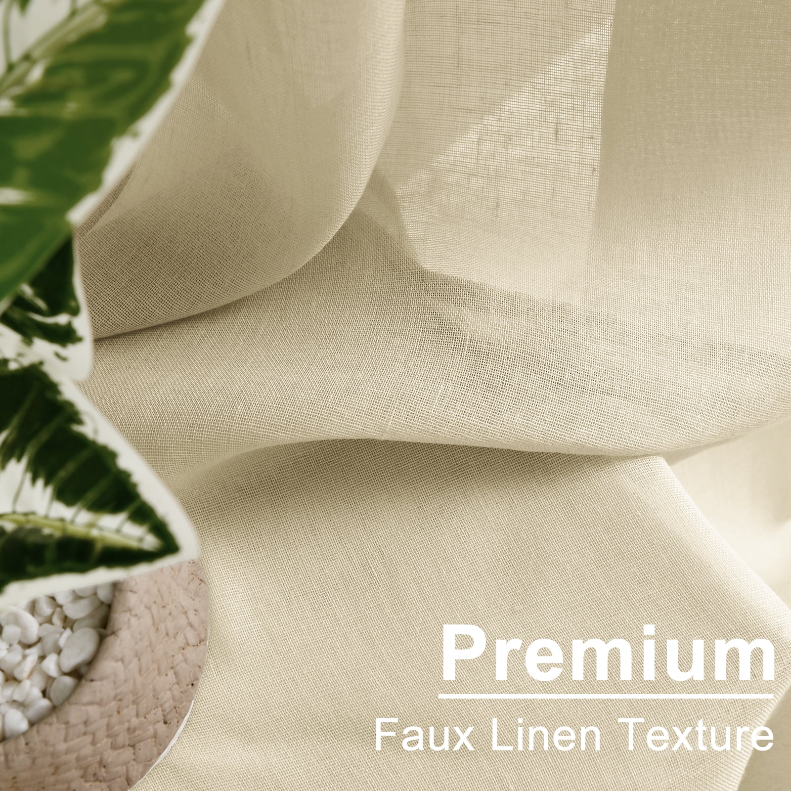 XWZO Semi Sheer Linen Curtains,Privacy Enhancing & Light Filtering Rod Pocket Drapes for Living Room with Tiebacks(Beige,W52 x L45 Inch,2 Panels)