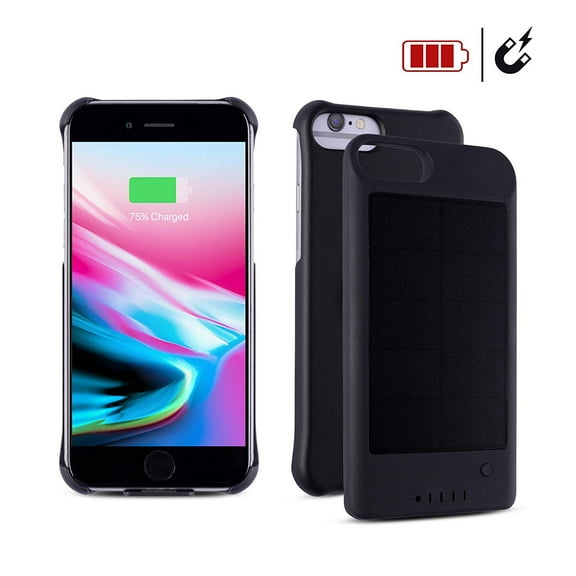 Adam iPhone 6/7/8 Protective Case/Extended Battery Solar Powered Detachable Ultra-Slim Magnetic External Battery with Ultra-Fast Charging Port and Finger Ring/Stand Attached (Black)
