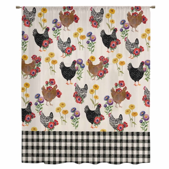 Farmhouse Rooster Sheer Curtains 54 Inches Long, Vintage Watercolor Flowers Black Plaid Light Filering Curtains, Breathable Simi Curtain Privacy Drapes for Kitchen Bathroom Small Window Treatment