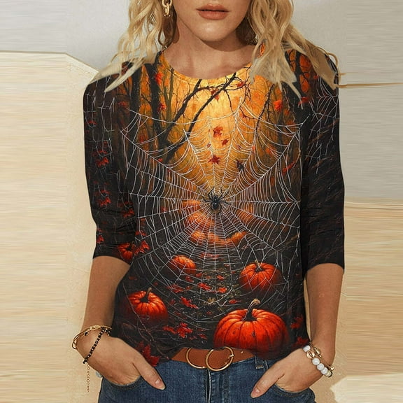 VKOYWKM Womens 3/4 Sleeve T Shirts Halloween Tops Pumpkin Graphic T Shirts Casual Round Neck Loose Fit Party Top Spooky Print Tees