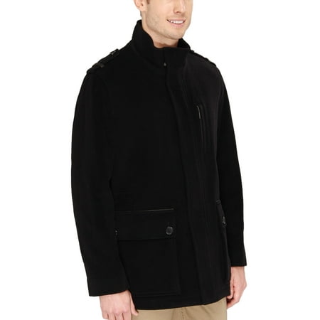 - Cole Haan Mens Italian Wool Military Jacket Medium M Black Lambskin Leather Trim