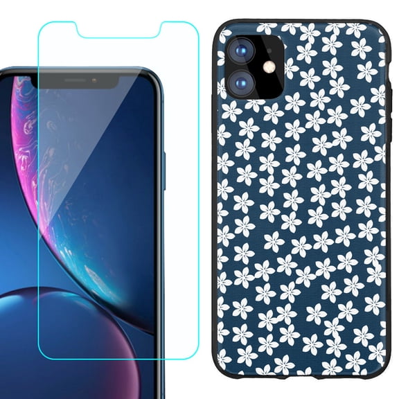 For Apple iPhone 11 Phone Case , Slim-Fit TPU Protective Case (Black), with Tempered Glass Screen Protector, by OneToughShield ® - Flower/Blue