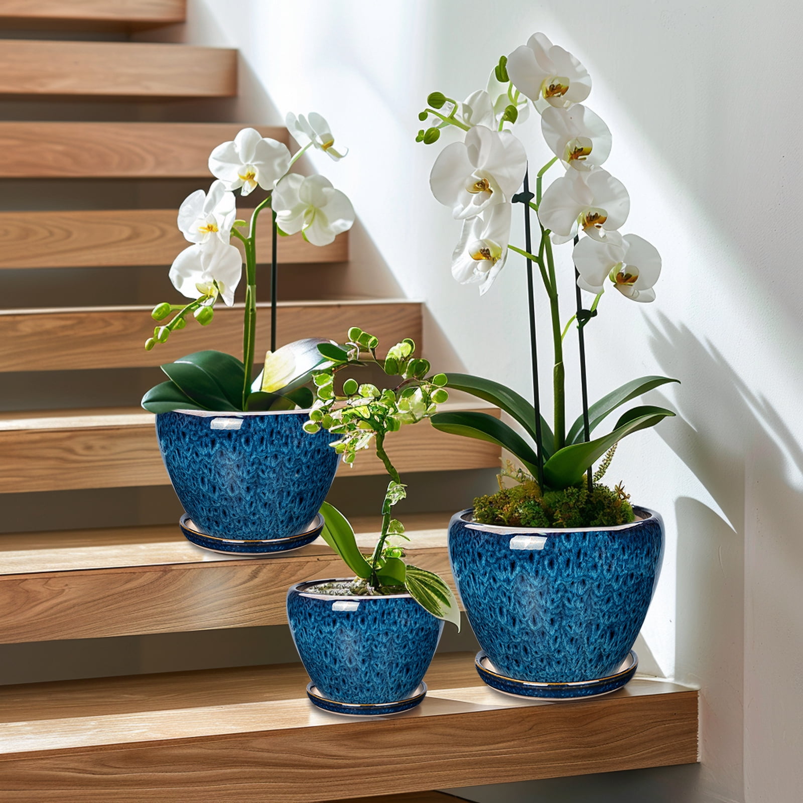 Ceramic Plant Pots ,10+8+6 inch Modern Large Flower Planters for Plants with Drainage & Saucer for Orchids & Succulents Housewarming Gift for Women, Set of 3 Blue-Glaze