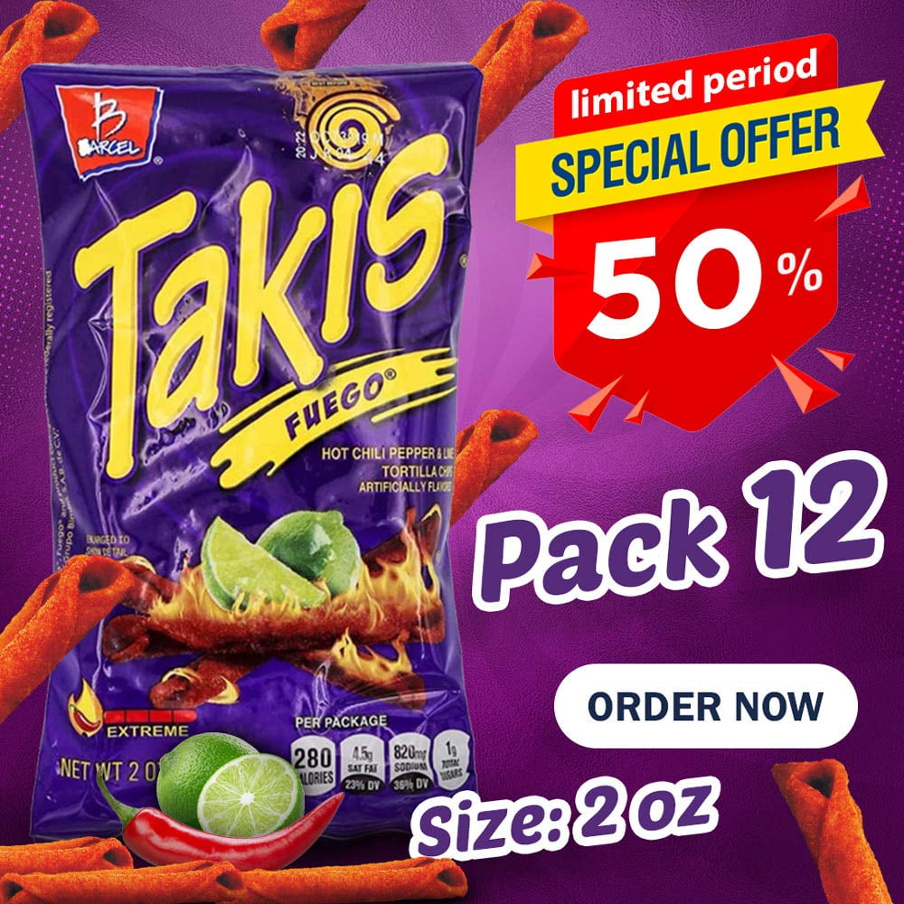Takis Fuego Hot Chili Pepper & Lime Tortilla Chips (12 Pack