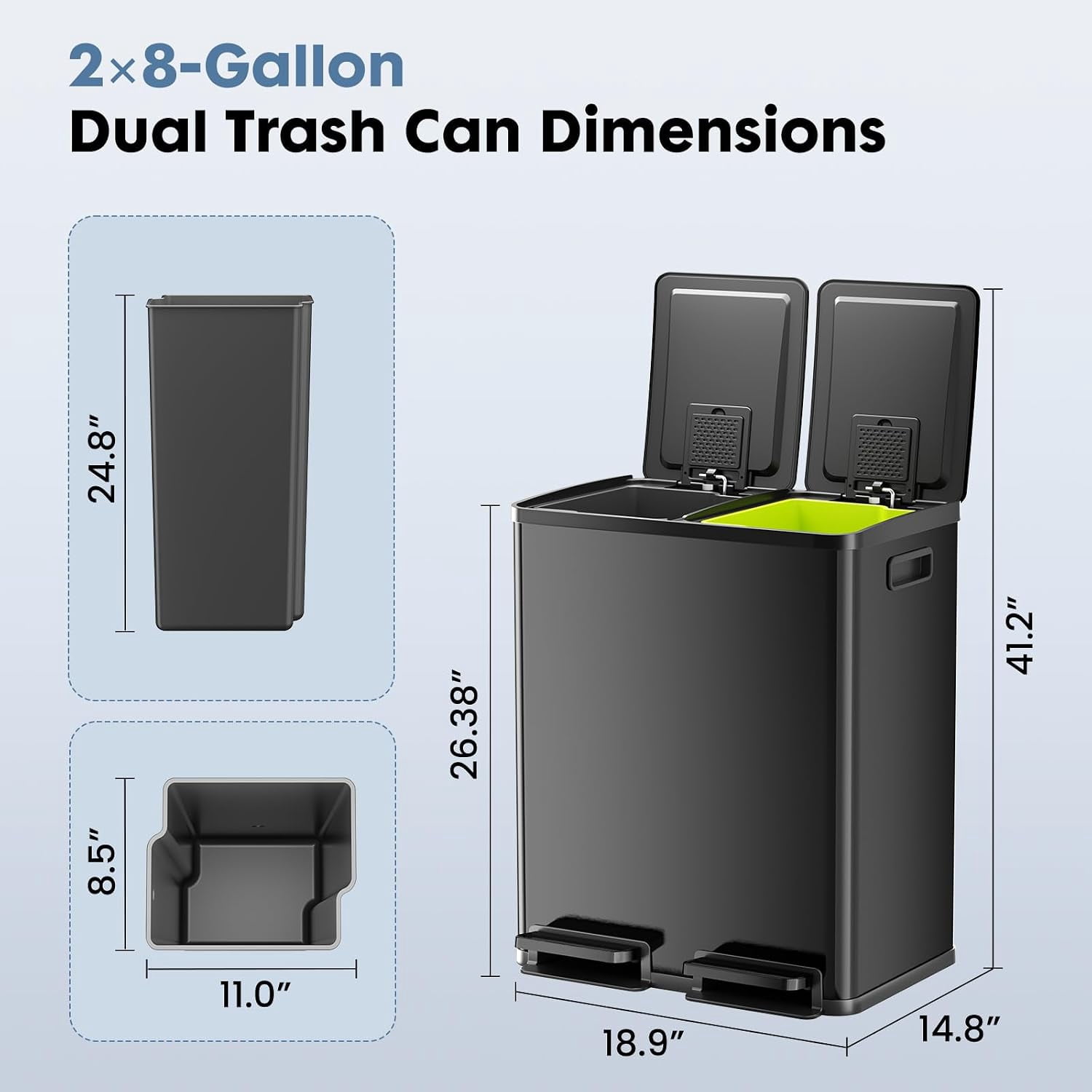 Dual Trash and Recycling Bins for Kitchen, 2x8-Gallon Dual Trash Can with Lid, Stainless Steel Garbage Bin with 2 Removable Inner Buckets, for Kitchen, Home, Matte Black