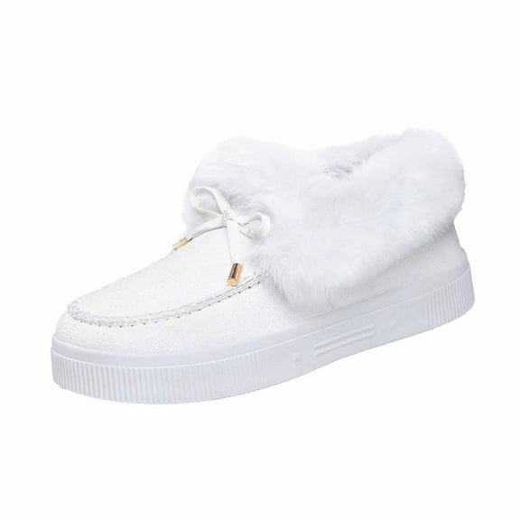 Xfvqtps Womens Fleece Lined Snow Boots Thick Soled Flat Shoes Round Toe Casual Winter Shoes Non Slip Sole Slip on White