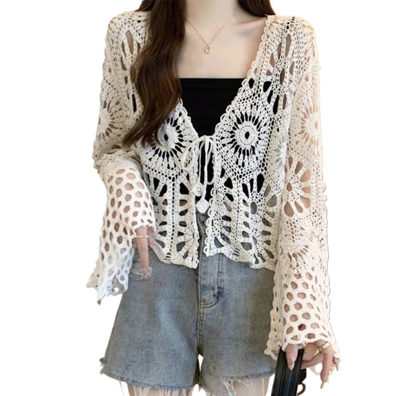 Yokua Women's Cardigan Stylish Cutout Knit Top Comfortable Cotton Blouse for Girls