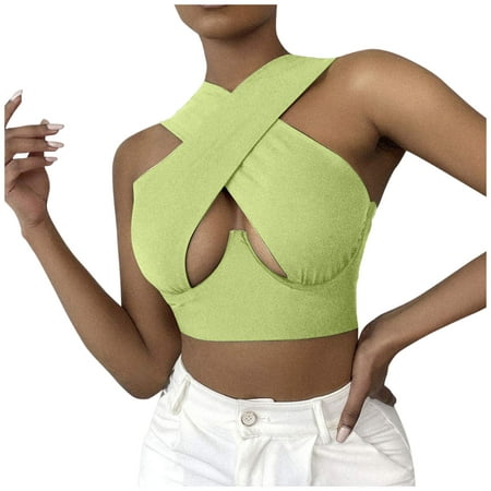 

Fsqjgq Summer Women Basics Solid Crop Top Streetwear Crisscross Hollow Out Corset Tops Fashion Halter Sleeveless Slim Vest Camisole Green XXXl
