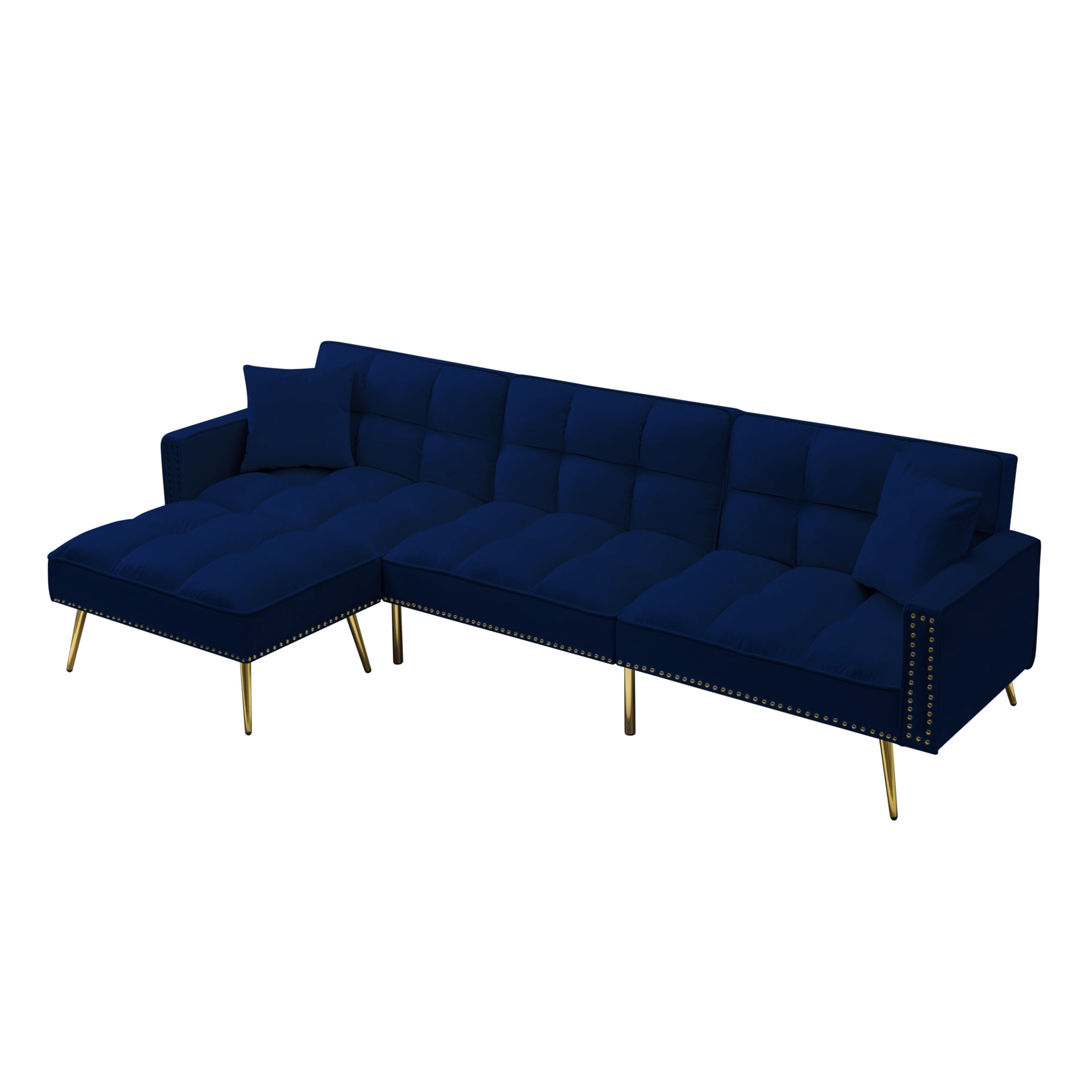 Aukfa 108" Living Room Sectional Sofa Bed, Velvet Sleeper Sofa, Nailhead Decor, 2 Pillows, Blue