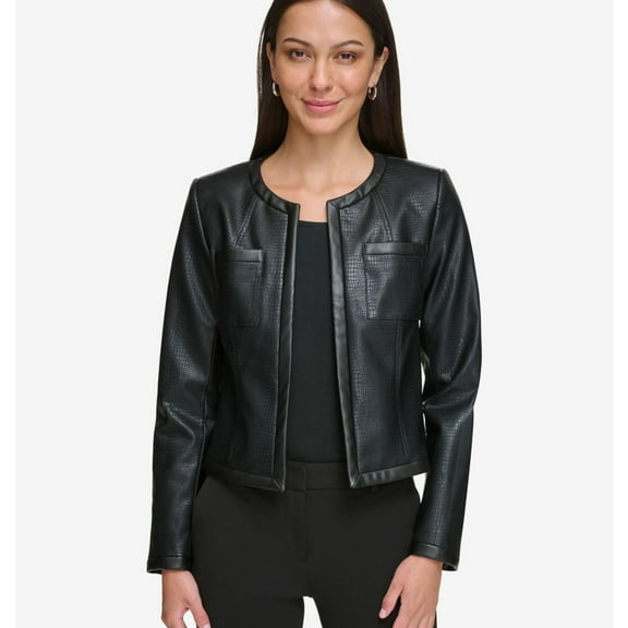 DKNY Womens Faux Crocodile Cropped Jacket, Black, 4