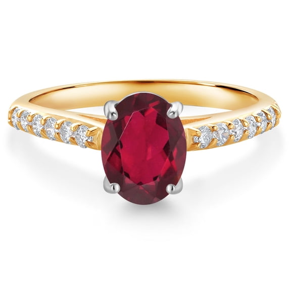 Gem Stone King 10K Yellow and White Gold Ruby Red Mystic Topaz and White Lab Grown Diamond Engagement Ring for Women (1.48 Cttw, Oval 8X6MM, Gemstone Birthstone, Size 8)