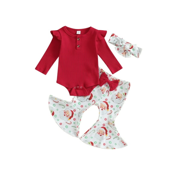 Sylvamorning Infant Girl Christmas Holiday Party Outfits Clothes 6M 12M 18M Boby Girls Long Sleeve Romper+Flared Pants+Headband 3Pcs Holiday-themed Clothing for Newborn Girl