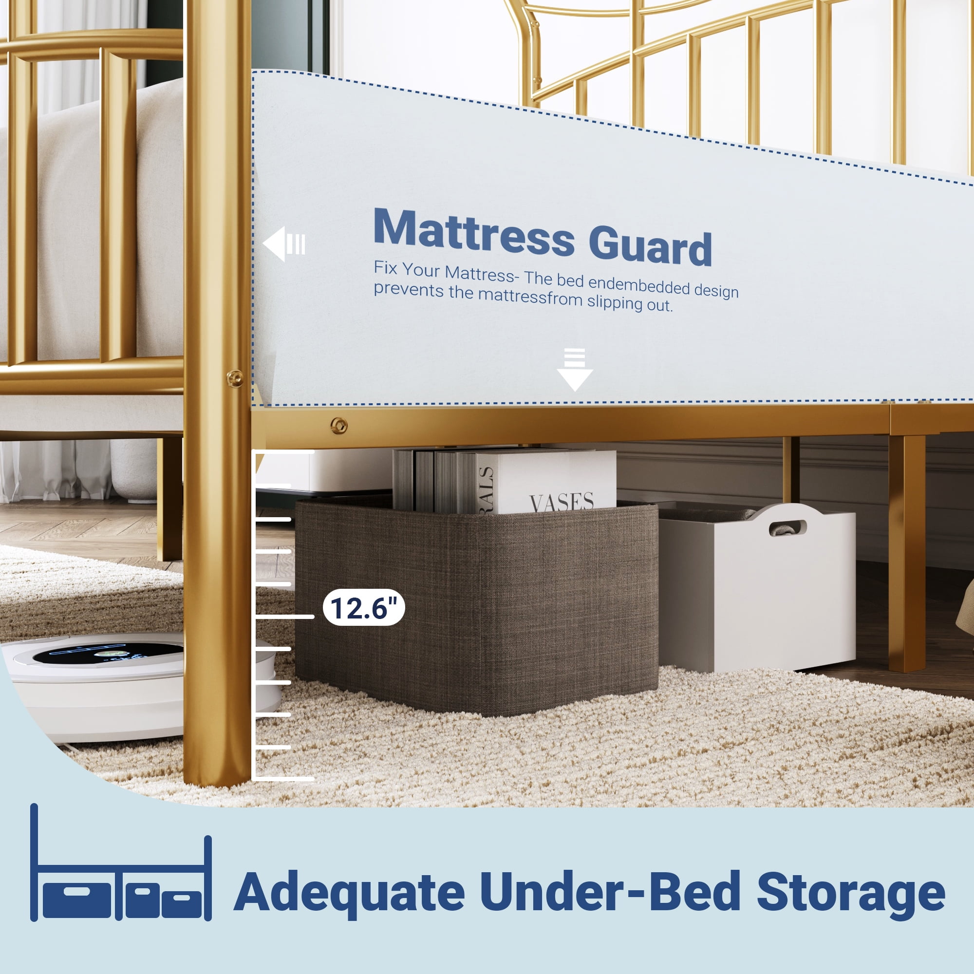 Allewie 14 Inches Queen Size Metal Platform Bed Frame with Elegant Crown Headboard & Footboard, Sturdy Mattress Foundation with Under-Bed Storage, Easy Assembly, No Box Spring Needed, Gold