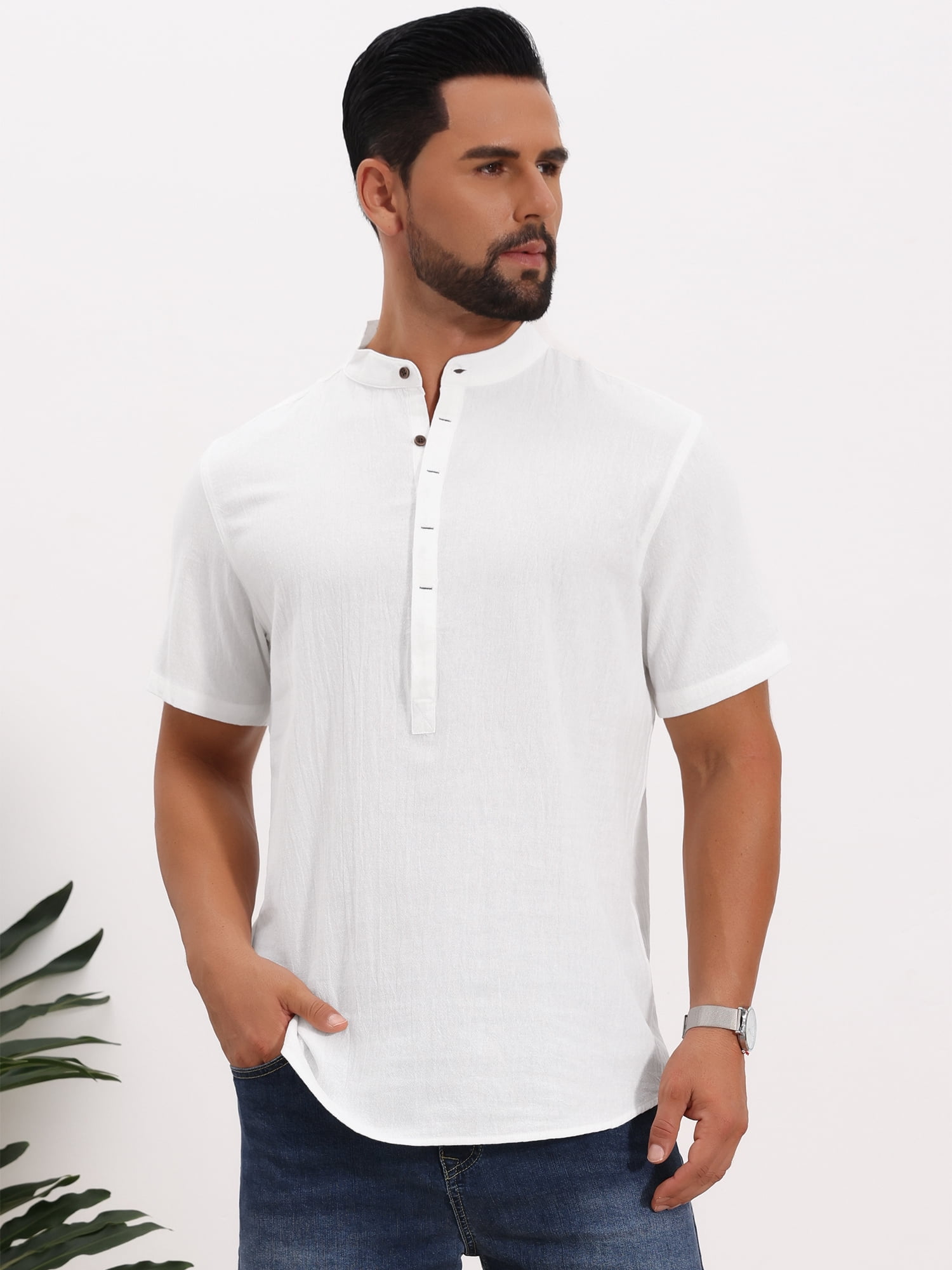 DARING DIVA Men's Casual Henley Band Collar Short Sleeve Summer Linen Shirts XL White