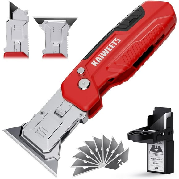 Utility knife, 2-in-1 folding box cutter with blade storage, heavy zinc alloy body, retractable design, 12 SK2 black replacement blades, EDC tool for home and office