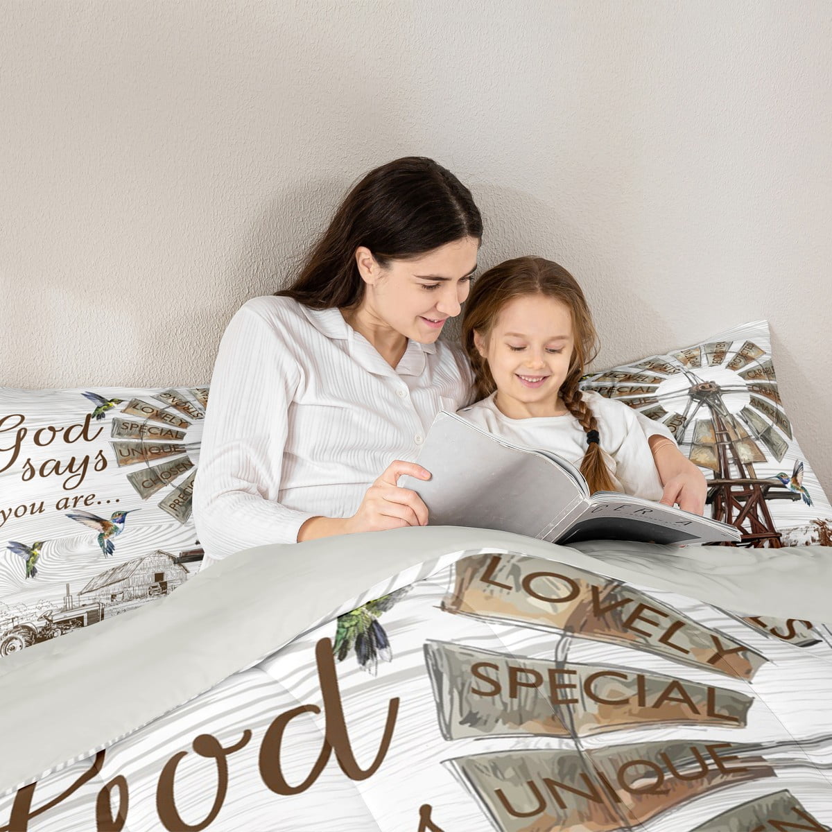 Farmhouse Windmill Comforter Set, Rustic Hummingbird Bedding Set , Farm Cow Rooster Animal Bedding Comforter Sets Western Vintage Wooden Barn Quilt Farmhouse Gifts For Women, Full