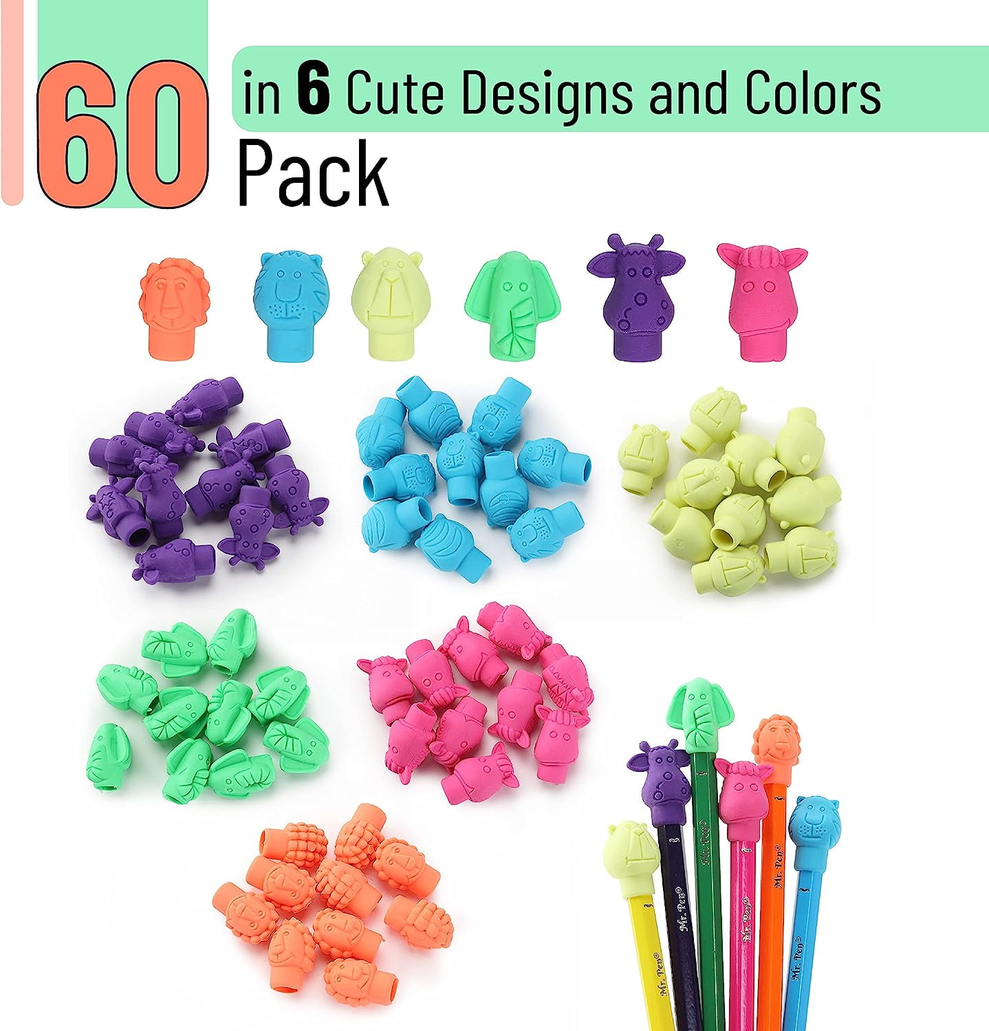 Mr. Pen Animal Eraser Pencil Caps Erasers, Assorted Colors, 60 Pack