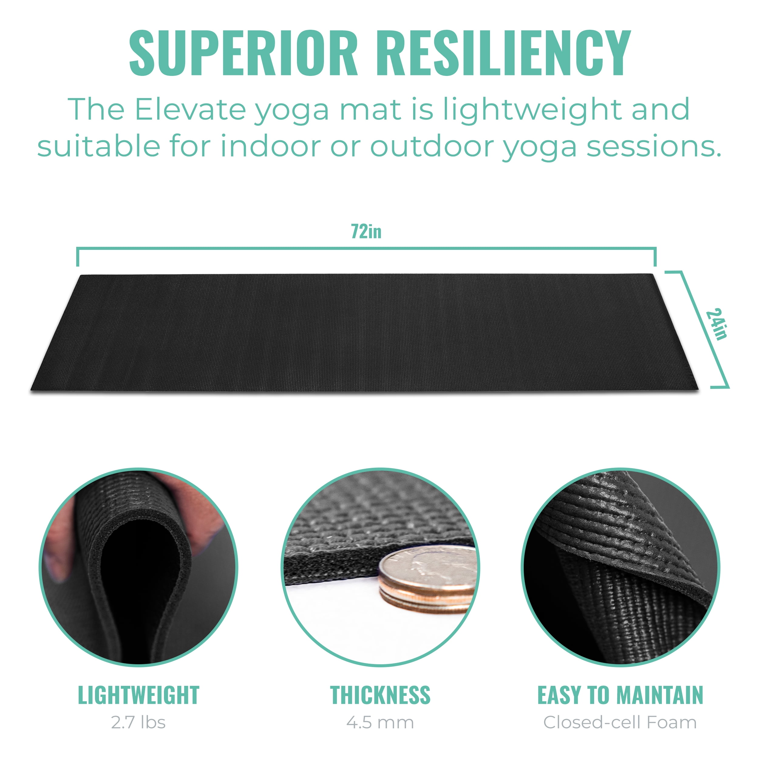Upward Fit Elevate Yoga Mats, 10 Pack, 72" Long x 24" Wide, 4.5 mm Thick, Non-Slip and Easy to Clean Gym Mats for Schools and Studios, Black