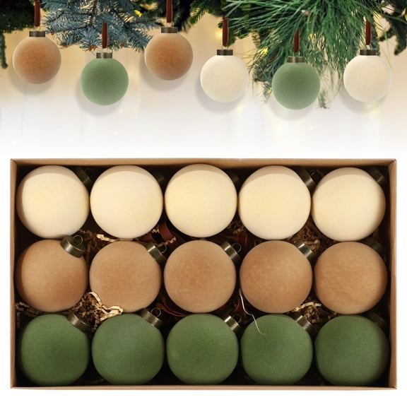 15 PCS Velvet Christmas Balls, 3.1 in Flocked Tree Ornaments with Hanging Ropes and Present Box, Bulk Baubles for Xmas Tree, Holiday Garland, Party, Dining Table Decoration