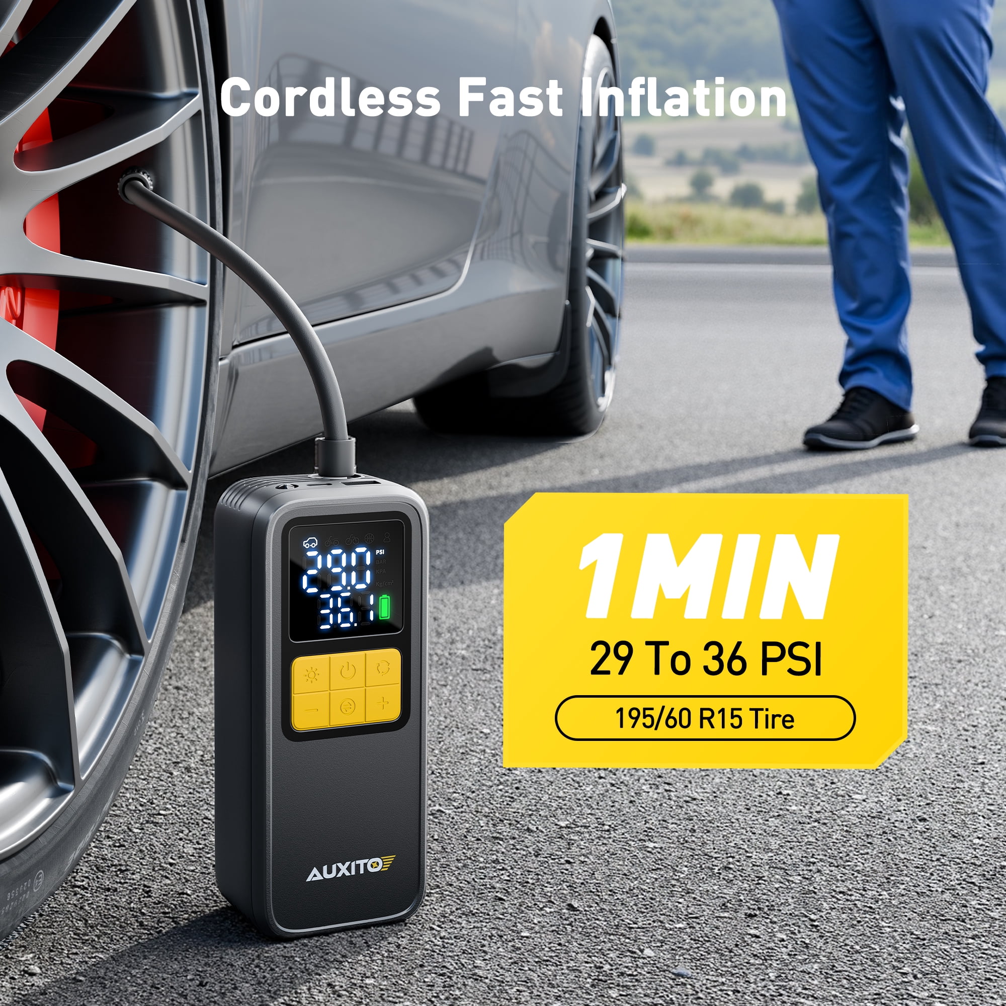 AUXITO Tire Inflator Portable Air Compressor - Faster Inflation, 150PSI Cordless Air Pump Digital Gauge, Auto Shut off for Car, Truck, Bike Tires & Inflatables