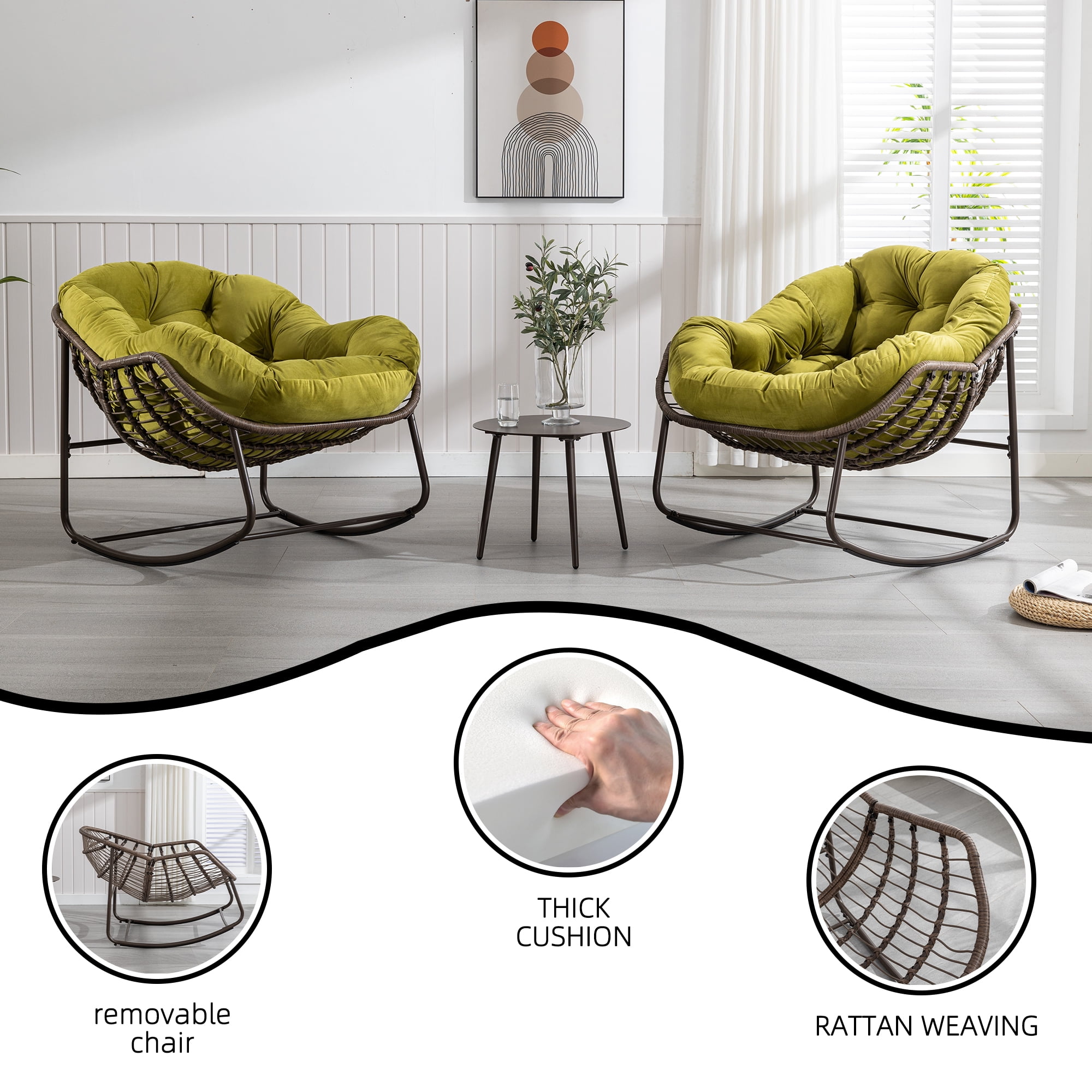 MOONMISS Rattan Rocking Chair, Indoor & Outdoor Comfy Rocker Chair with Thick Cushion, Modern Lounge Chair for Balcony, Porch, Garden, Backyard, Deck, Olive