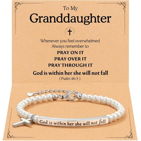 Pearl Cross Bracelet for Granddaughter,Adjustable Religious Jewelry Gifts with Card, Valentines Day Birthday First Communion Easter Christmas Present