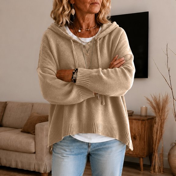 Women's Drop Shoulder Long Sleeve Drawstring Loose Knit Hooded Pullover Sweater XL