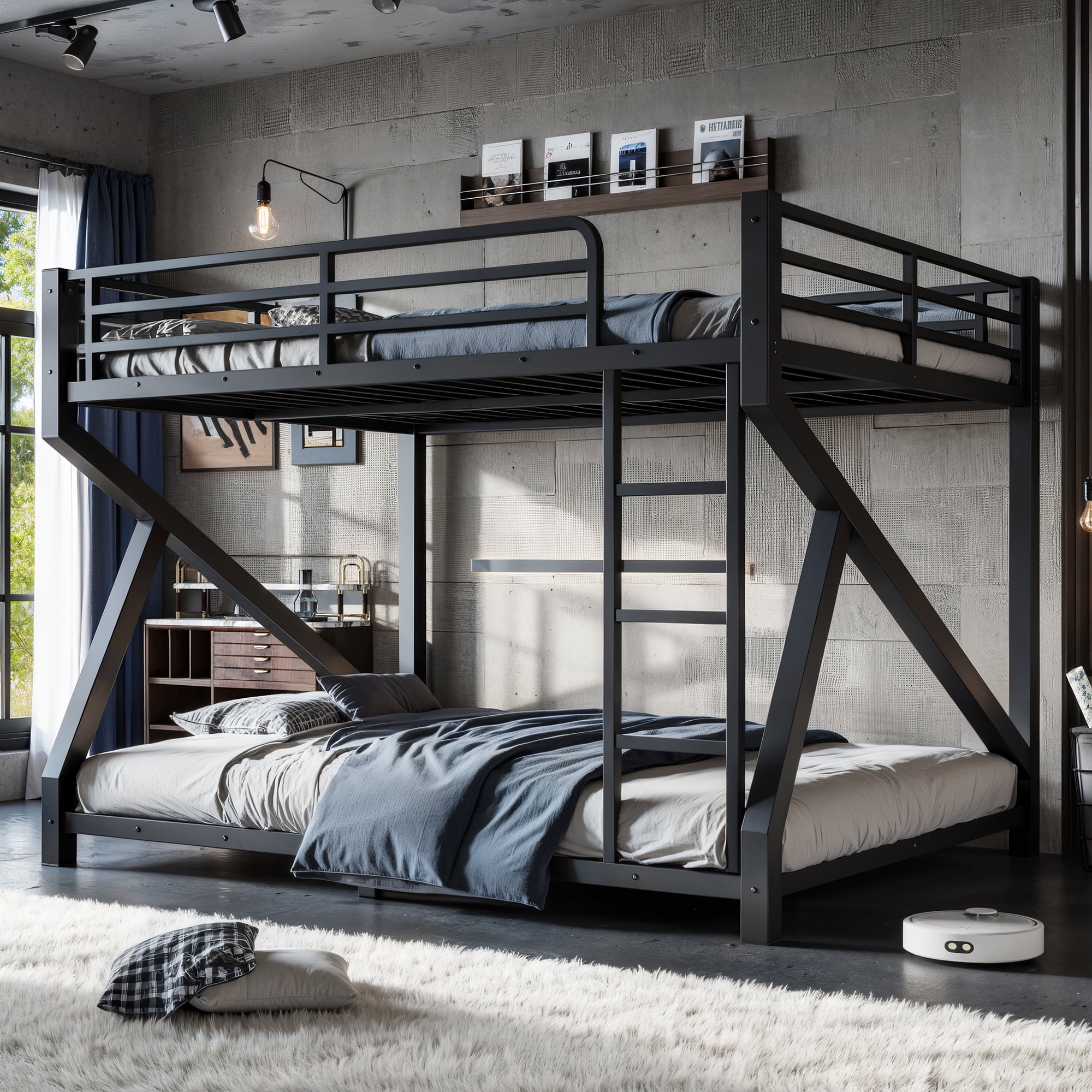 Aukfa Queen over Queen Metal Bunk Bed with Built-In Ladders, Low Profile Heavy Duty Bunk Bed with Reinforced Support Slats, No Box Spring Needed, Black