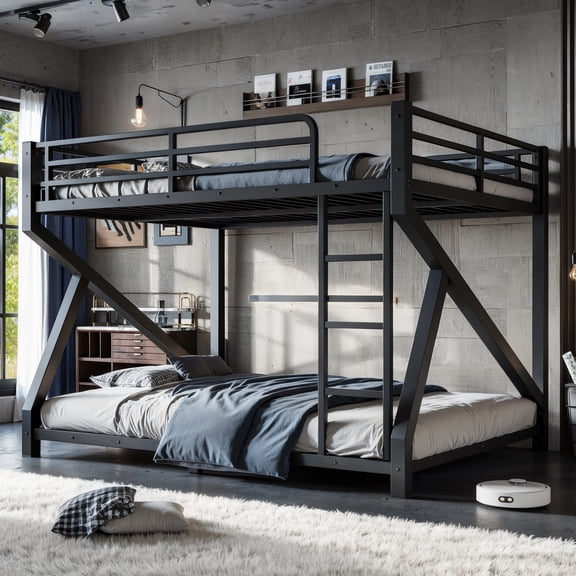 Queen over Queen Bunk Bed with ladders, Metal Bunk Bed with Full Upgraded Support Slats, Low Profile Bunk Bed, Black