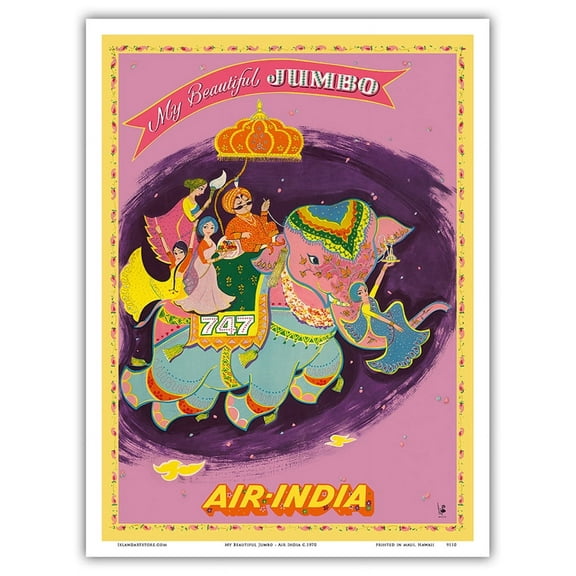 My Beautiful Jumbo - Boeing 747 Jumbo Jet - Air India - Vintage Airline Travel Poster by Umesh Rao c.1970 - Master Art Print (Unframed) 9in x 12in