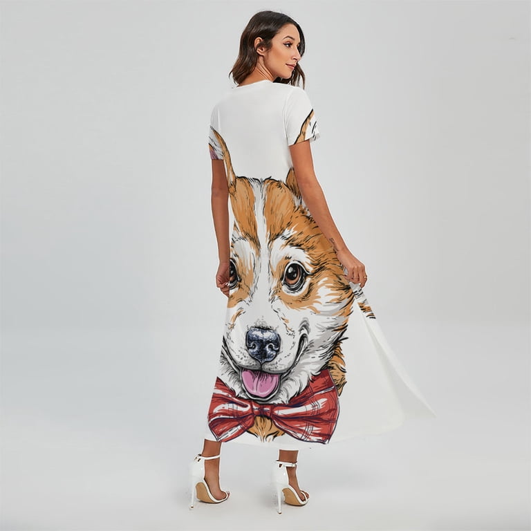 NOBRAND Hipster Pembroke Welsh Corgi Printed Short Sleeve Maxi Dress, Dog Pet Lover Fashion Summer Maxi Dress for Women, Women's, Size: Large