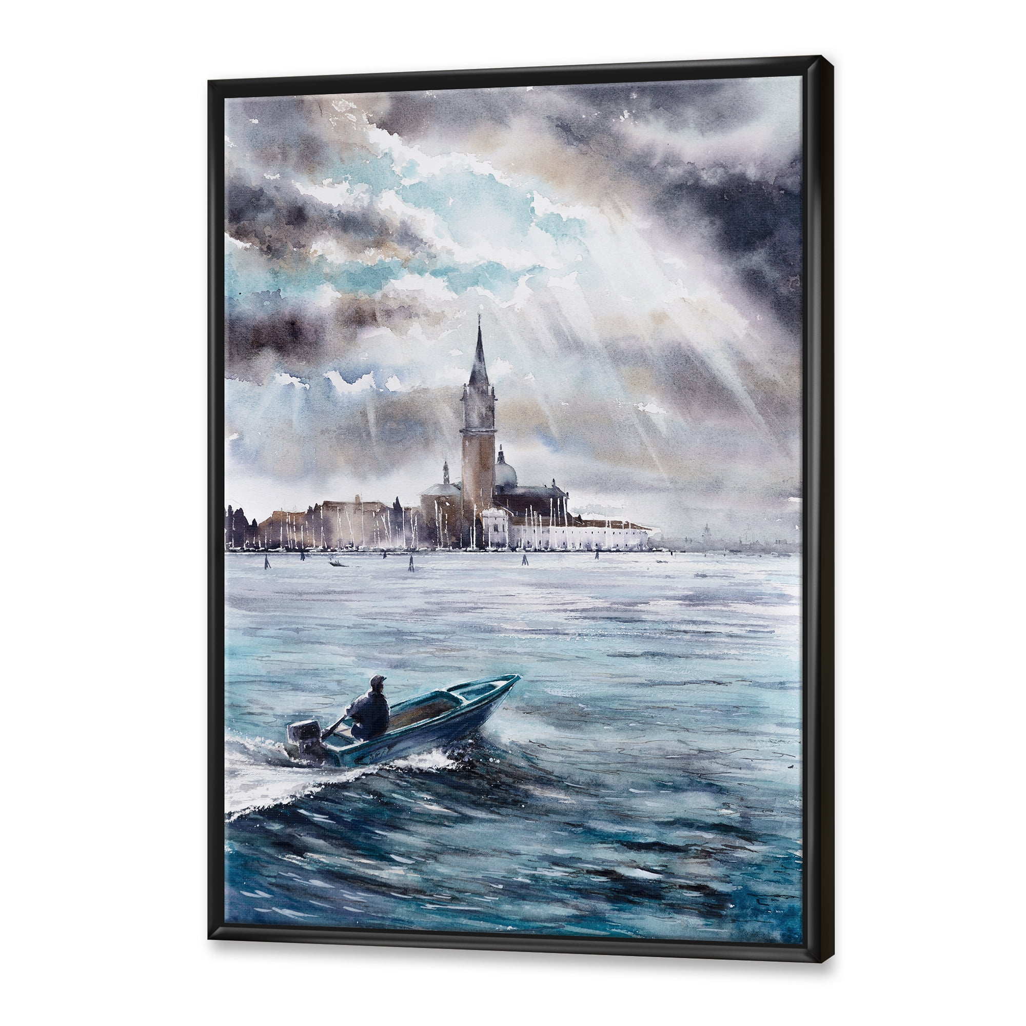 Designart 'Boat Returning In Storm Over Venice In Italy' Nautical & Coastal Framed Canvas Wall Art Print