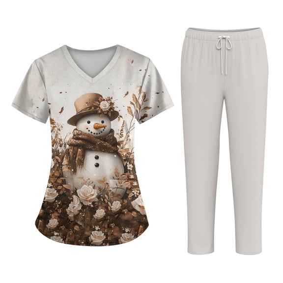Wutalume Women's Fashion Print Short Sleeve V-Neck Scrub Set, Christmas Pattern Top with Pockets and Pants, Healthcare Uniform,Brown L