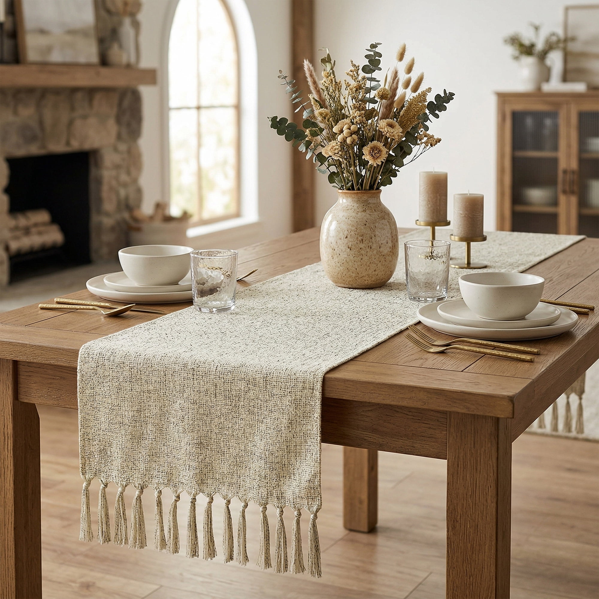 Unique Bargains Birthday Decorations Table Runner with Tassels Beige 13x72in